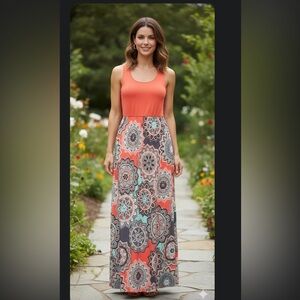 Zattcas / Elegant Coral and Gray Floral Maxi Dress Size M